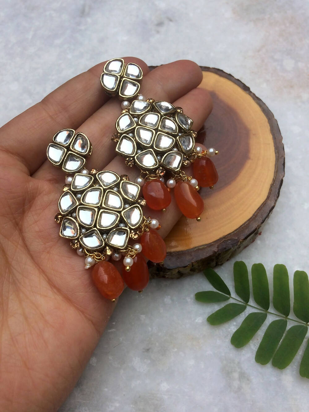 Natural Stone and Kundan Chandelier Earrings