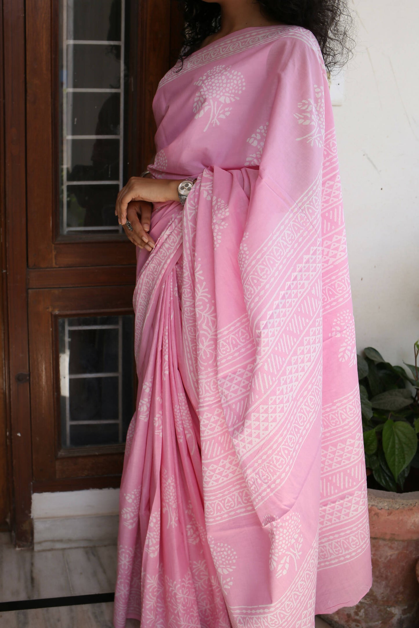 Pink Peony - Hand Block Print Mulmul Cotton Bagru Saree