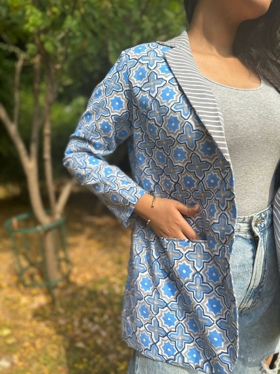 Pattern Block Printed Blazer - Blue