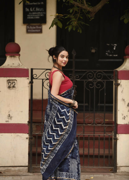 Indigo Waves - Hand Block Print Chanderi Silk Bagru Saree