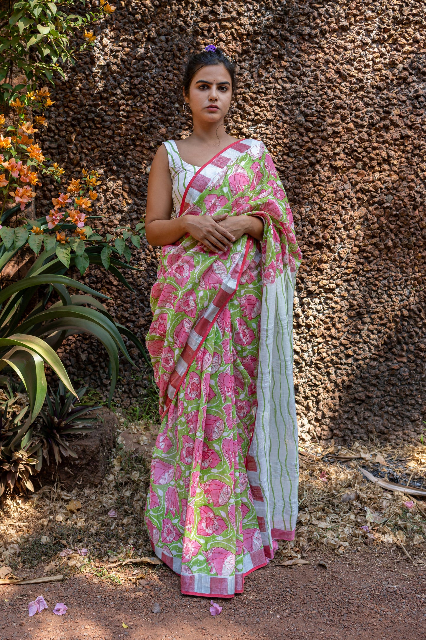 Bougainvillea Hand Printed Linen Saree