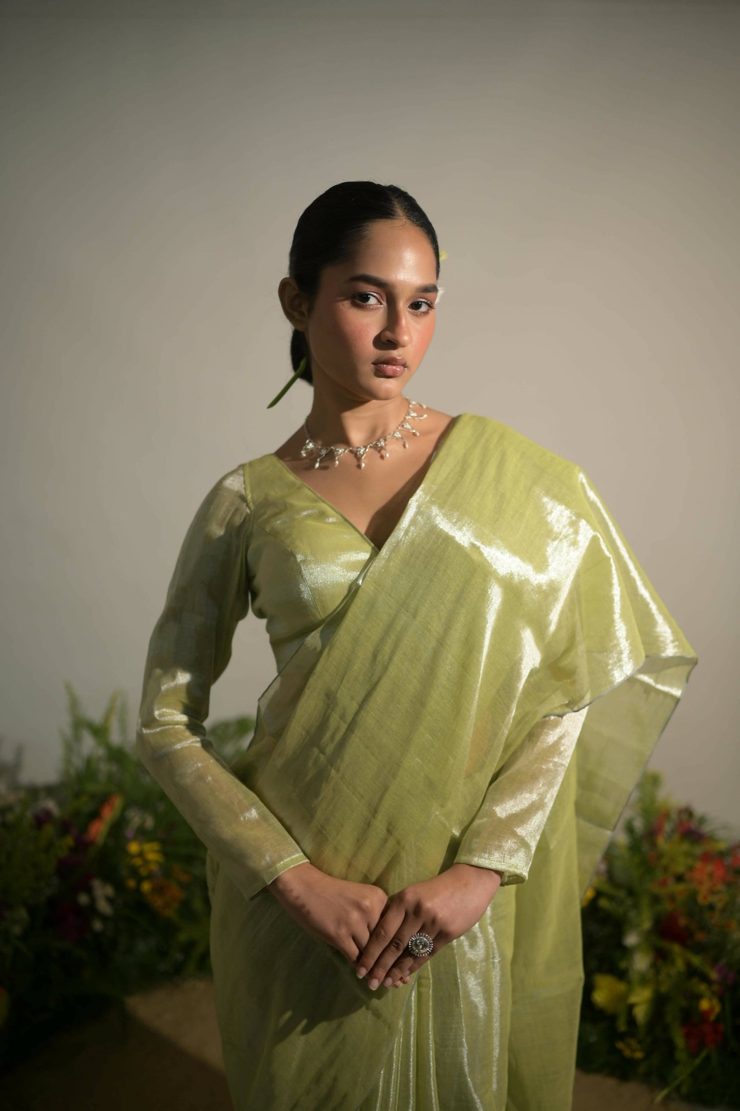 Jade Paradise Neon Green Tissue Saree