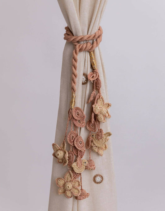Crochet Curtain Tie Backs Set Kono Beige Flowers & Birds