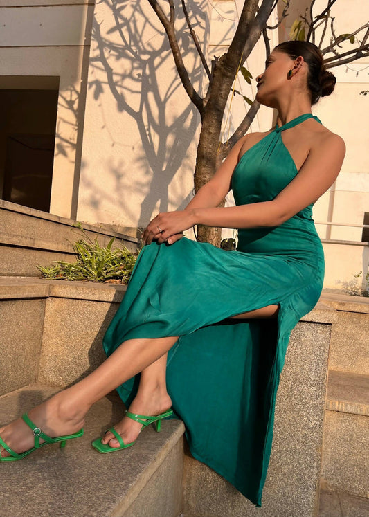 Vienna Green Halter Neck Satin Dress