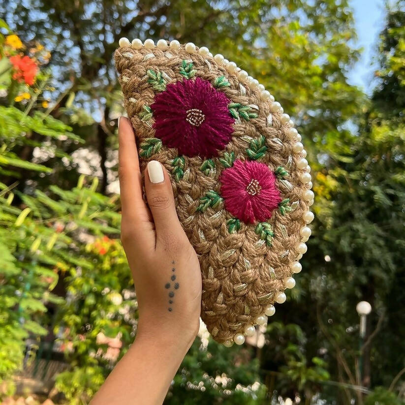 Dual Flower Embroidered Half Moon Clutch