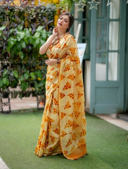 Pizza Party – Pizza Screen Print on Chanderi Saree