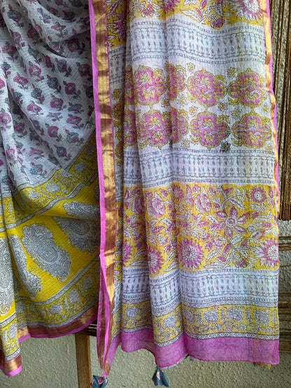 White Pink Kota Doria Handblock Saree