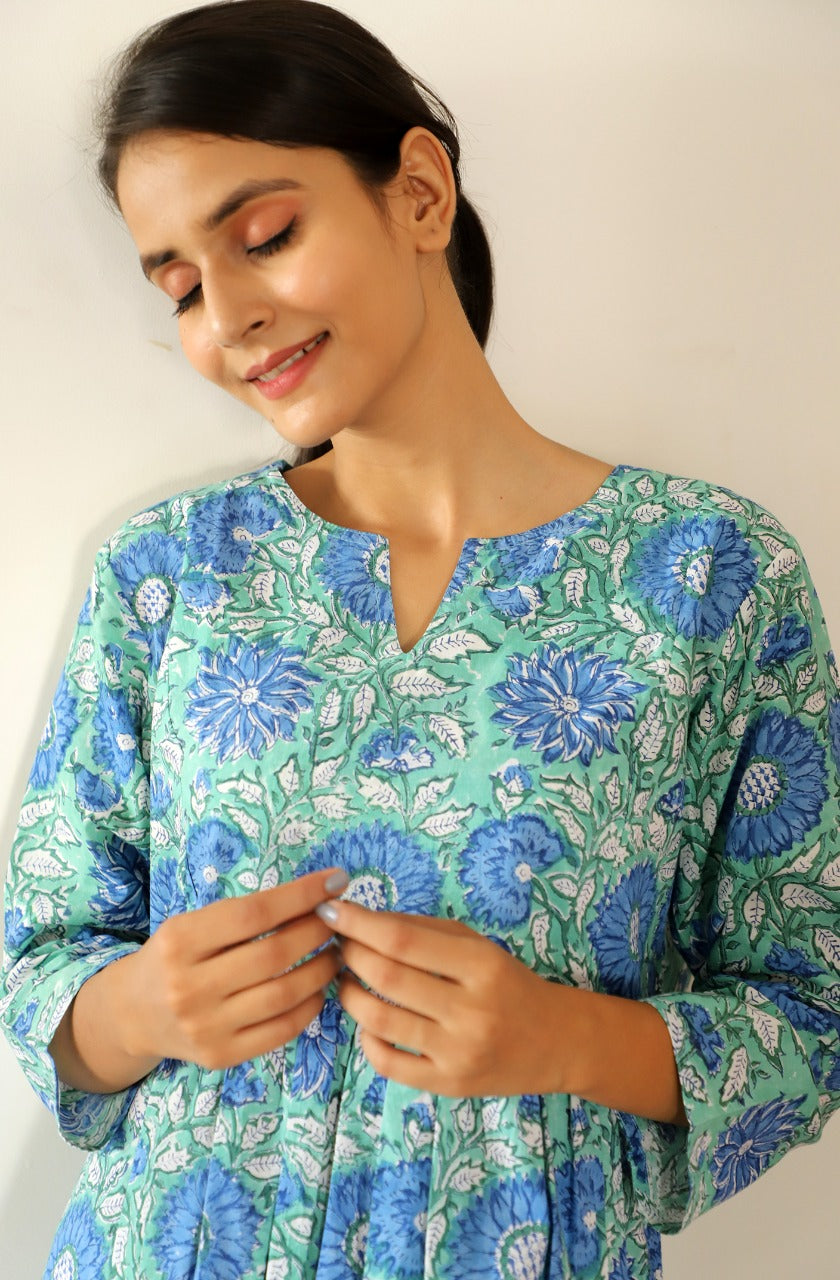 Arubani Hand Block Print Long Gathered Kurta