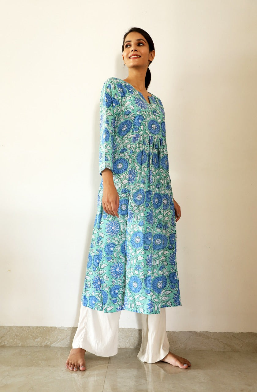 Arubani Hand Block Print Long Gathered Kurta