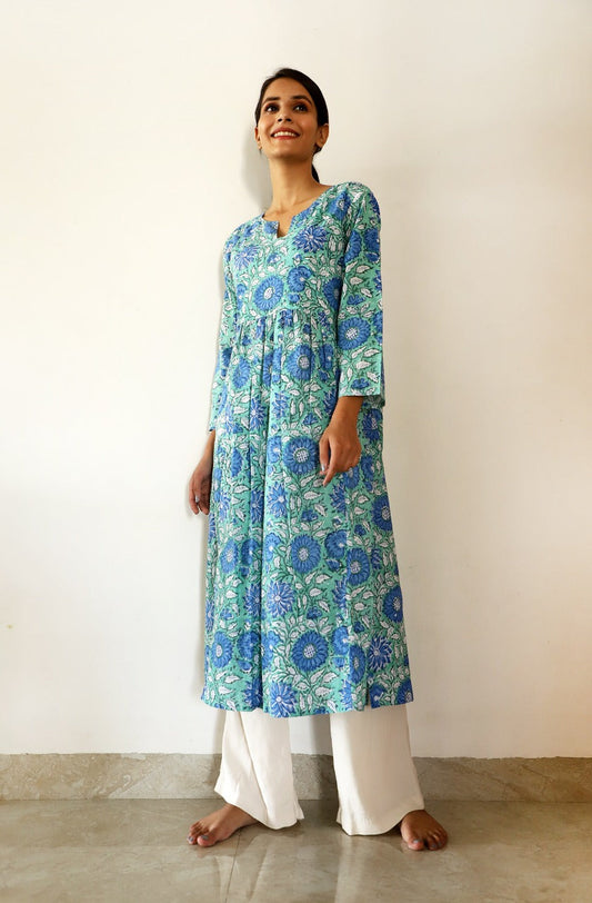 Arubani Hand Block Print Long Gathered Kurta