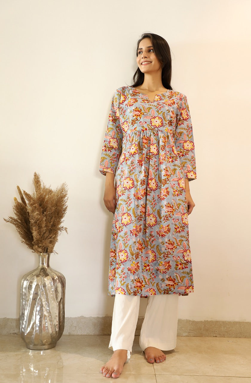 Pomana Handblock Print Long Gathered Kurta