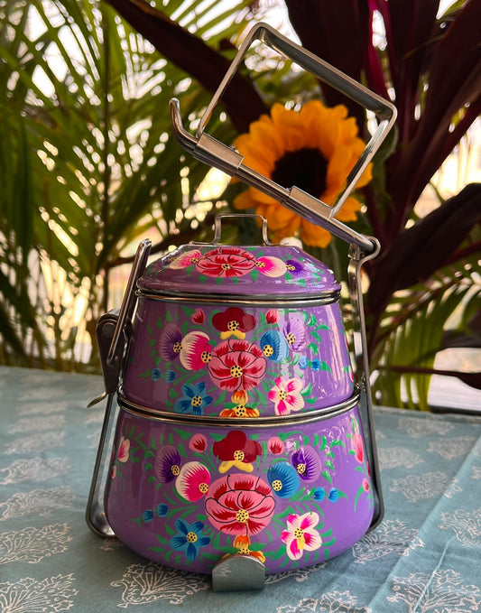 Purple hand painted 2 Tier Stainless Steel Tiffin