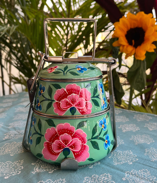 Green hand painted 2 Tier Stainless Steel Tiffin