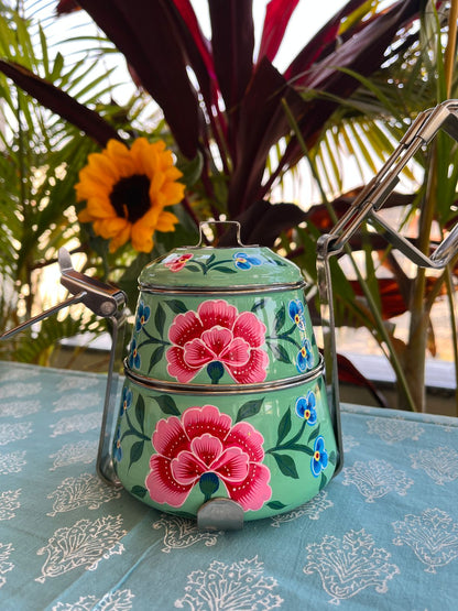 Green hand painted 2 Tier Stainless Steel Tiffin