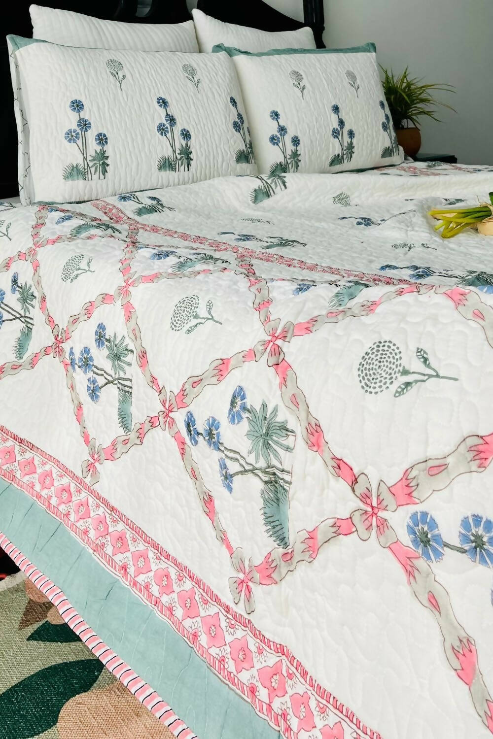 Blue Dandelion Handblock Printed Quilted Bedcover