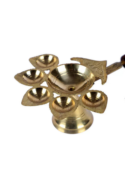 Brass Panch Aarti with Wooden Handle