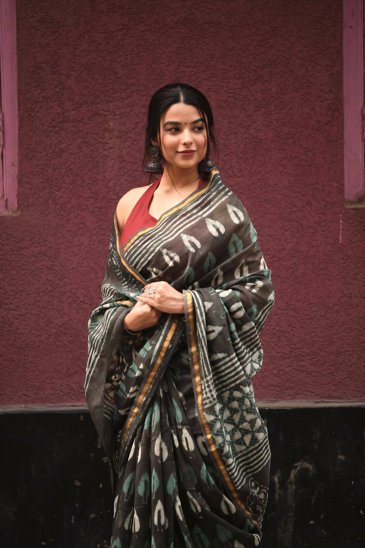 Grey & Green - Hand Block Print Chanderi Silk Bagru Saree