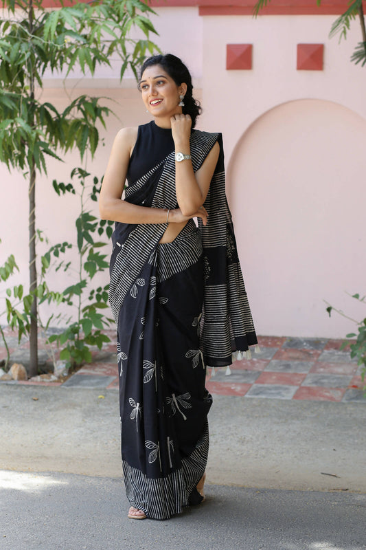 Black Dragonflies - Hand Block Print Mulmul Cotton Bagru Saree