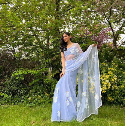 Ash Blue Half-Daisies Chiffon Saree