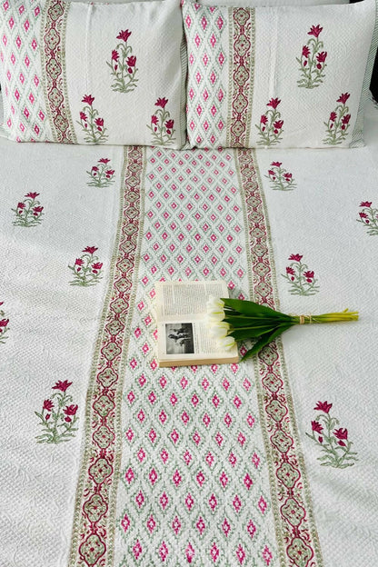 Petunia Handblock Printed Jacquard Bedcover