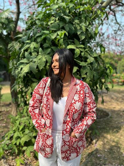 Floral Block Printed Blazer - Deep Red