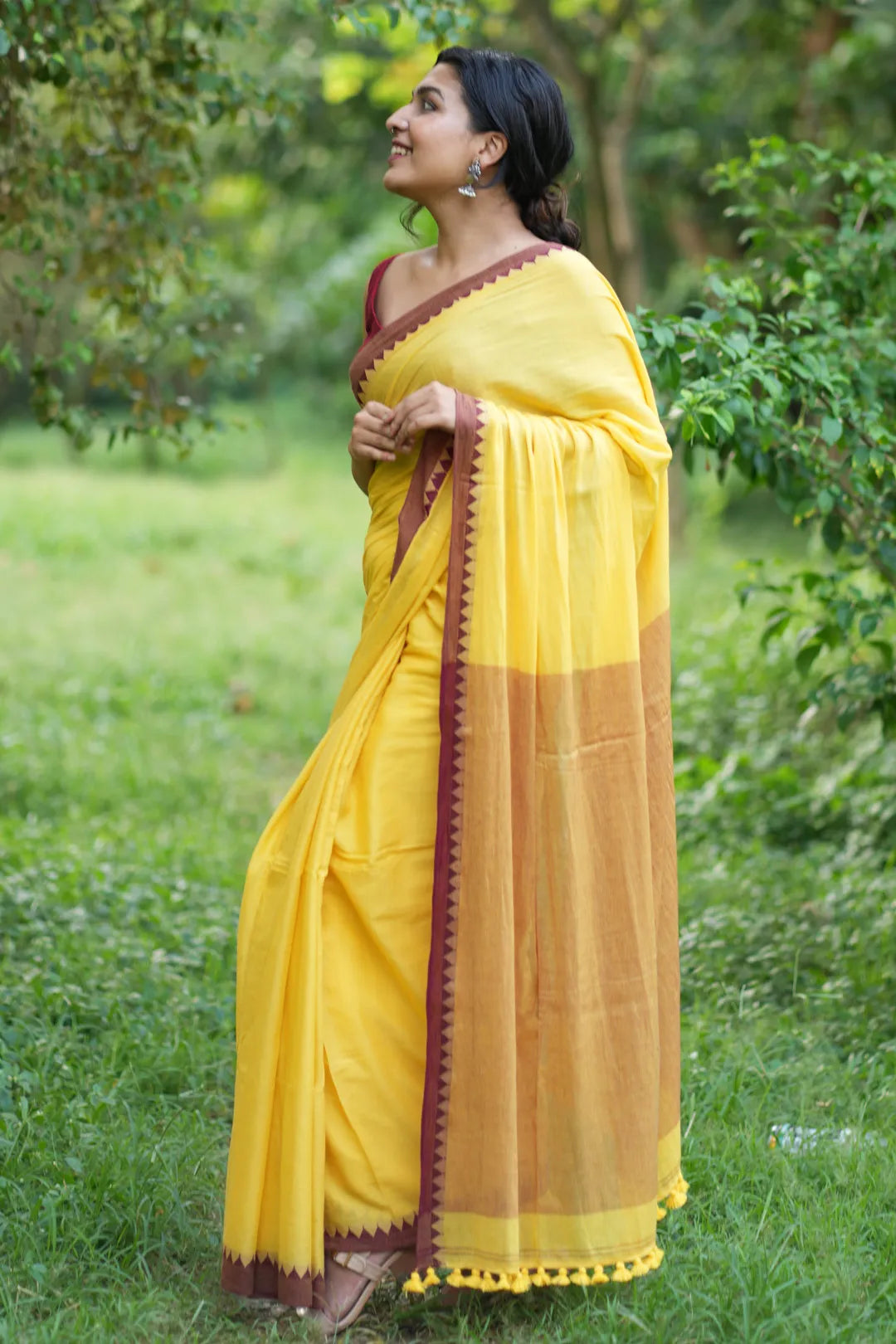 Summer Memory Yellow Saree with Maroon Border