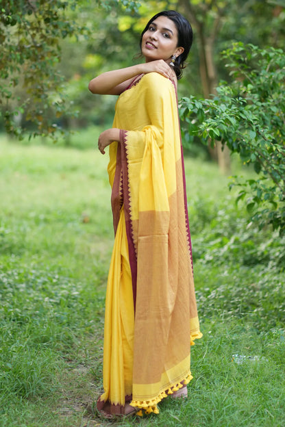 Summer Memory Yellow Saree with Maroon Border