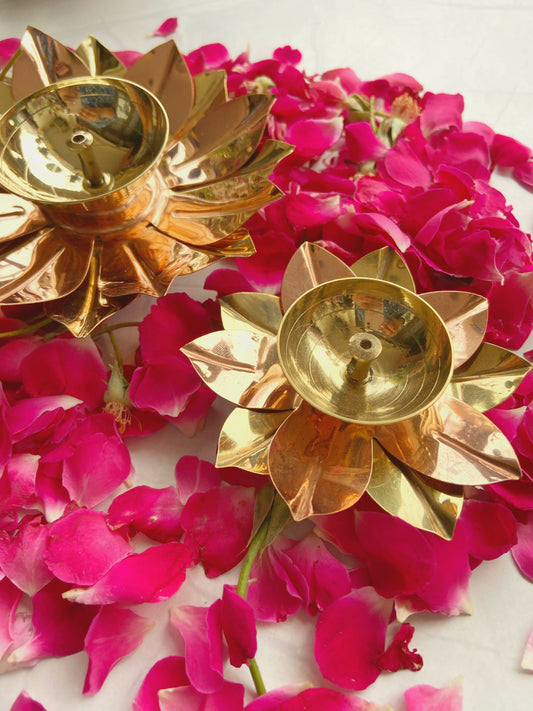 Festive Brass & Copper Lotus Diya set of 2