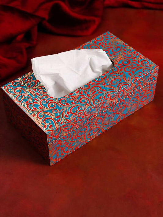 Tissue Box Wooden Printed Paisley Blue and Gold