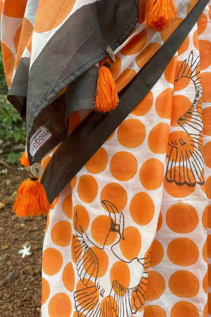 Hornbill Mul Cotton Orange Saree