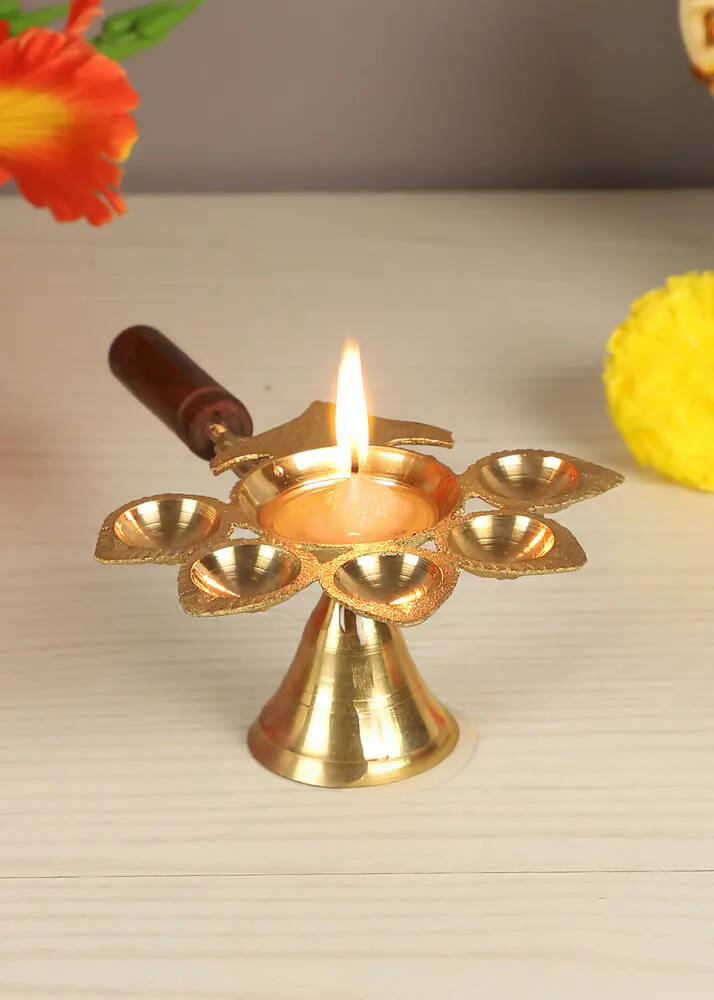 Brass Panch Aarti with Wooden Handle