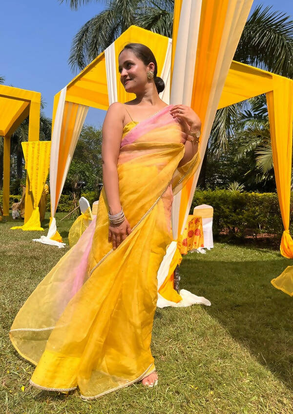 Yellow Banaras and Stone work Saree with Matching Unstitched Blouse –  Seasons Chennai