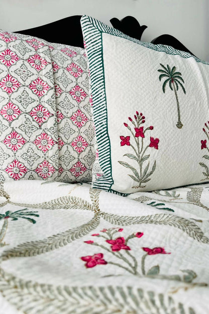 Palm Jaal Handblock Printed Jacquard Bedcover