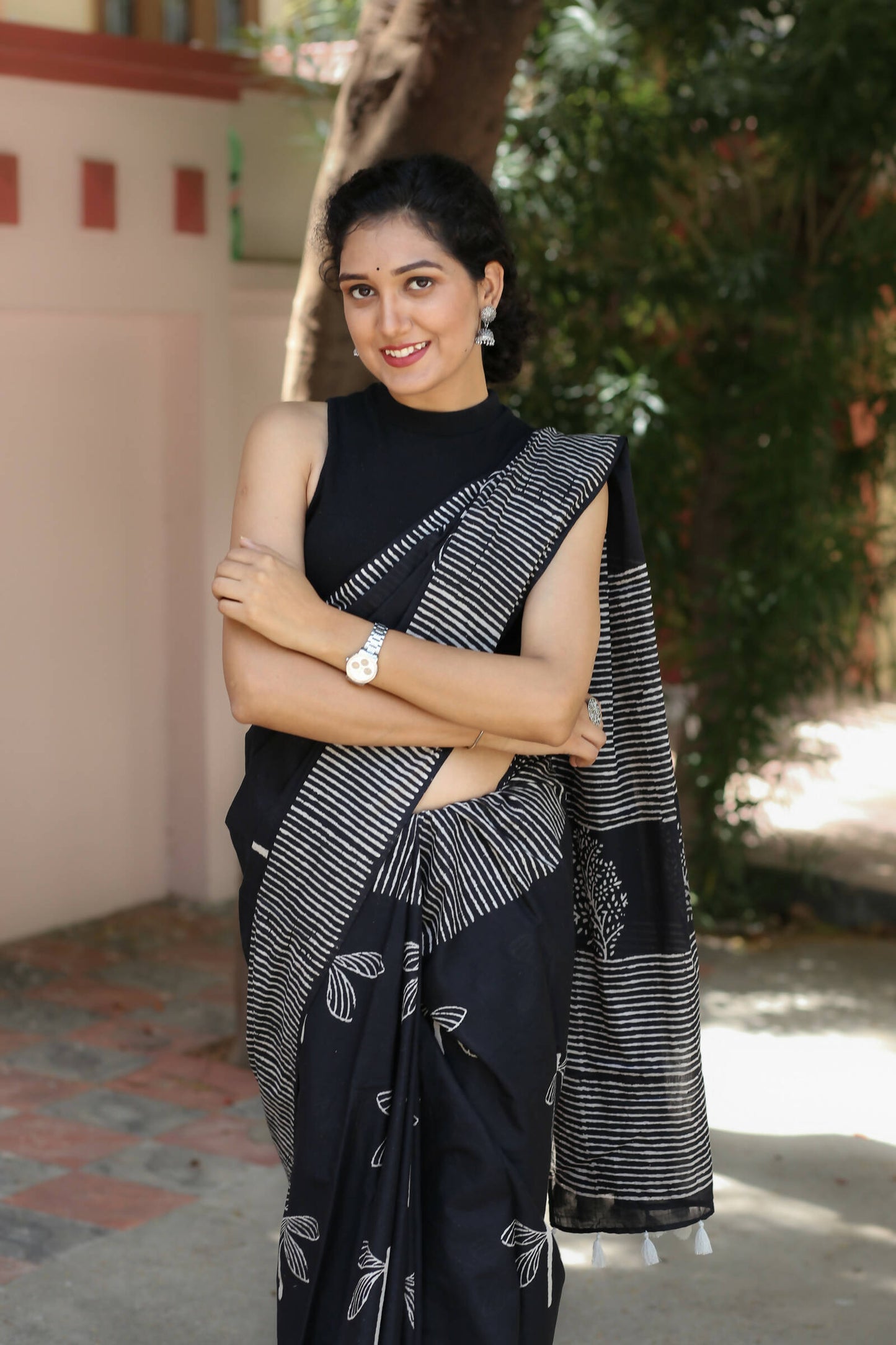 Black Dragonflies - Hand Block Print Mulmul Cotton Bagru Saree