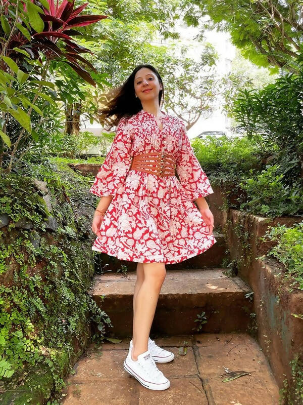 Red Rose Tunic Dress- Red Hand Block Printed Cotton Tunic Dress