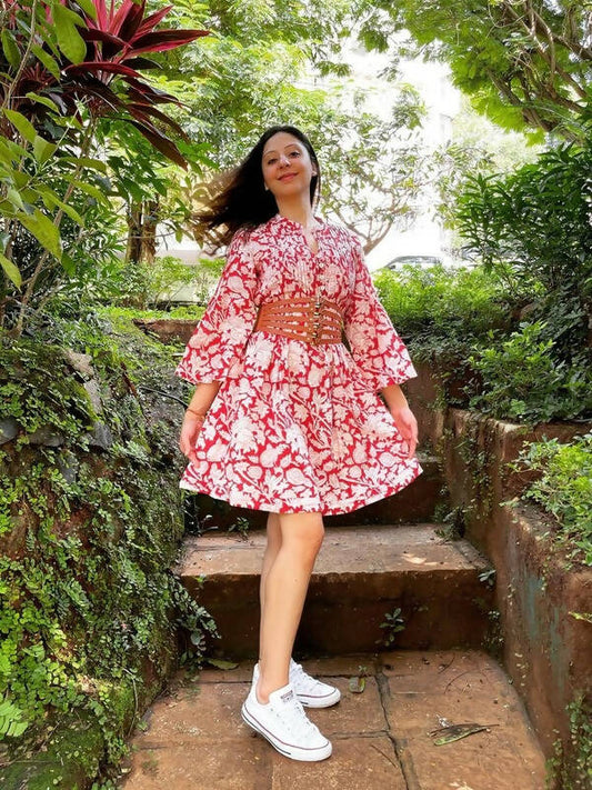 Red Rose Tunic Dress- Red Hand Block Printed Cotton Tunic Dress