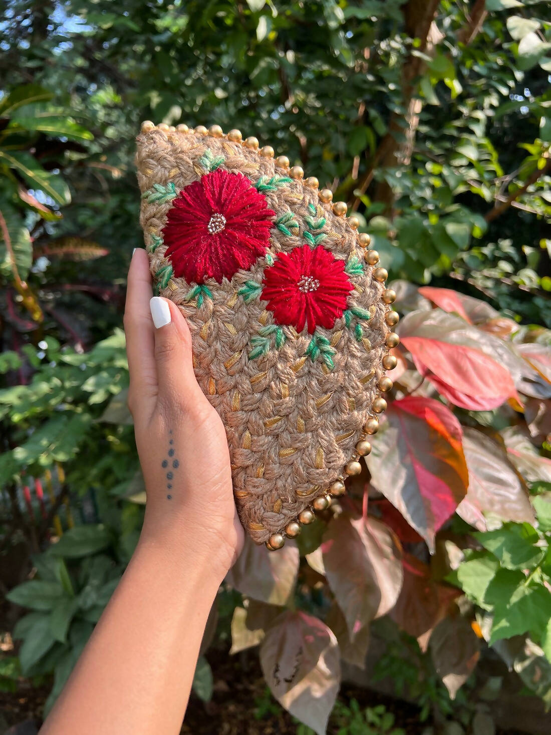 Dual Flower Embroidered Half Moon Clutch