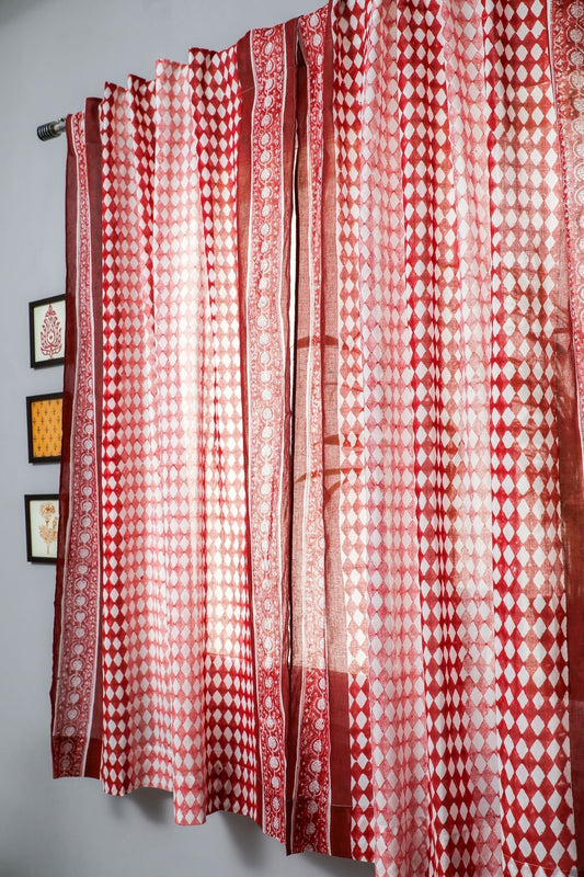 Artistic Red Illusions Handblock Printed Cotton Window Curtain