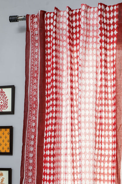 Artistic Red Illusions Handblock Printed Cotton Window Curtain