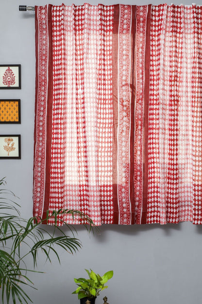 Artistic Red Illusions Handblock Printed Cotton Window Curtain