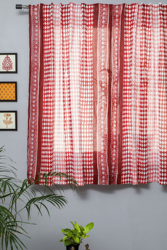 Artistic Red Illusions Handblock Printed Cotton Window Curtain