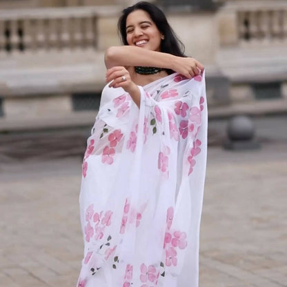 Dogwood Chiffon Saree In White