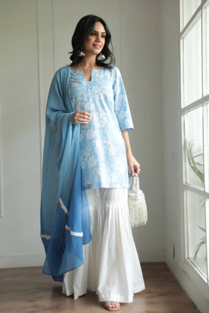 Light Blue Printed Kurta Sharara Suit Set