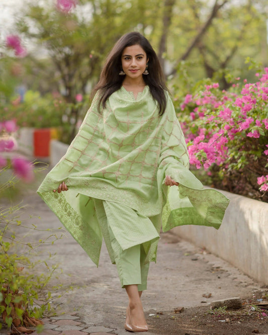 Fern Green Handloom Chanderi Kurta Set