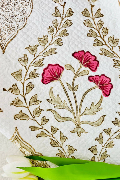 Rose Lily Handblock Printed Jacquard Bedcover