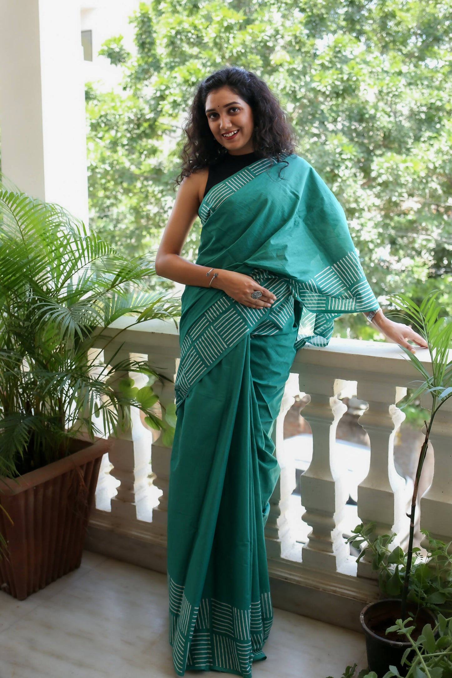 Lady in Green - Hand Block Print Mulmul Cotton Bagru Saree