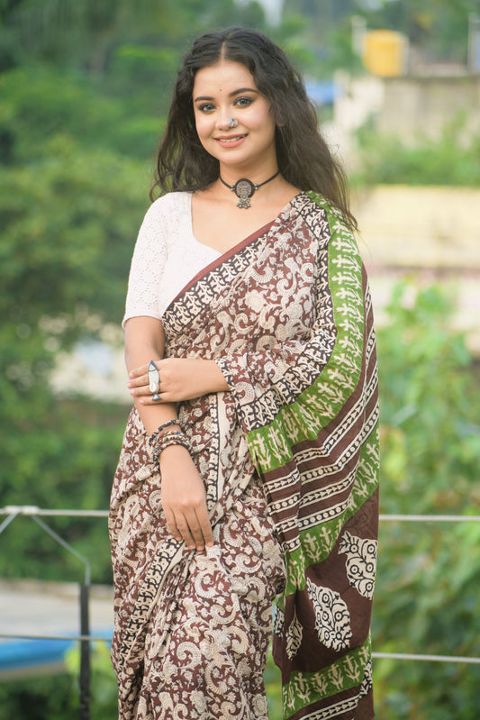 Dhaure Bagru Handblock Printed Cotton Mulmul Saree