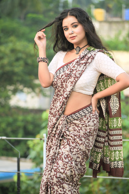 Dhaure Bagru Handblock Printed Cotton Mulmul Saree