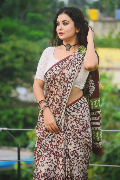 Dhaure Bagru Handblock Printed Cotton Mulmul Saree