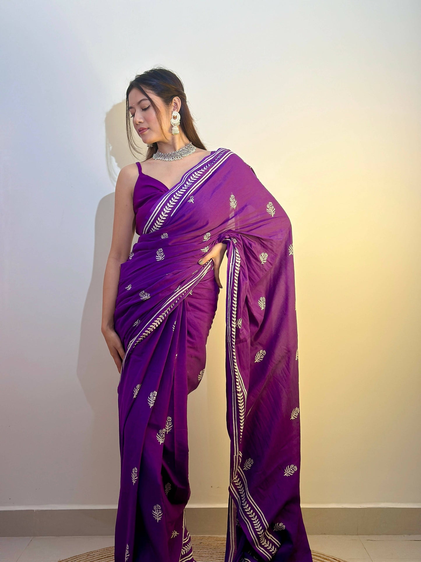 Party Purples Handblock Print Natural Dyed Mulmul Cotton Saree